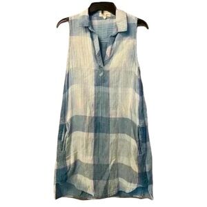 Cloth Stone Womens sleeveless tunic dress cotton plaid collar small blue white S